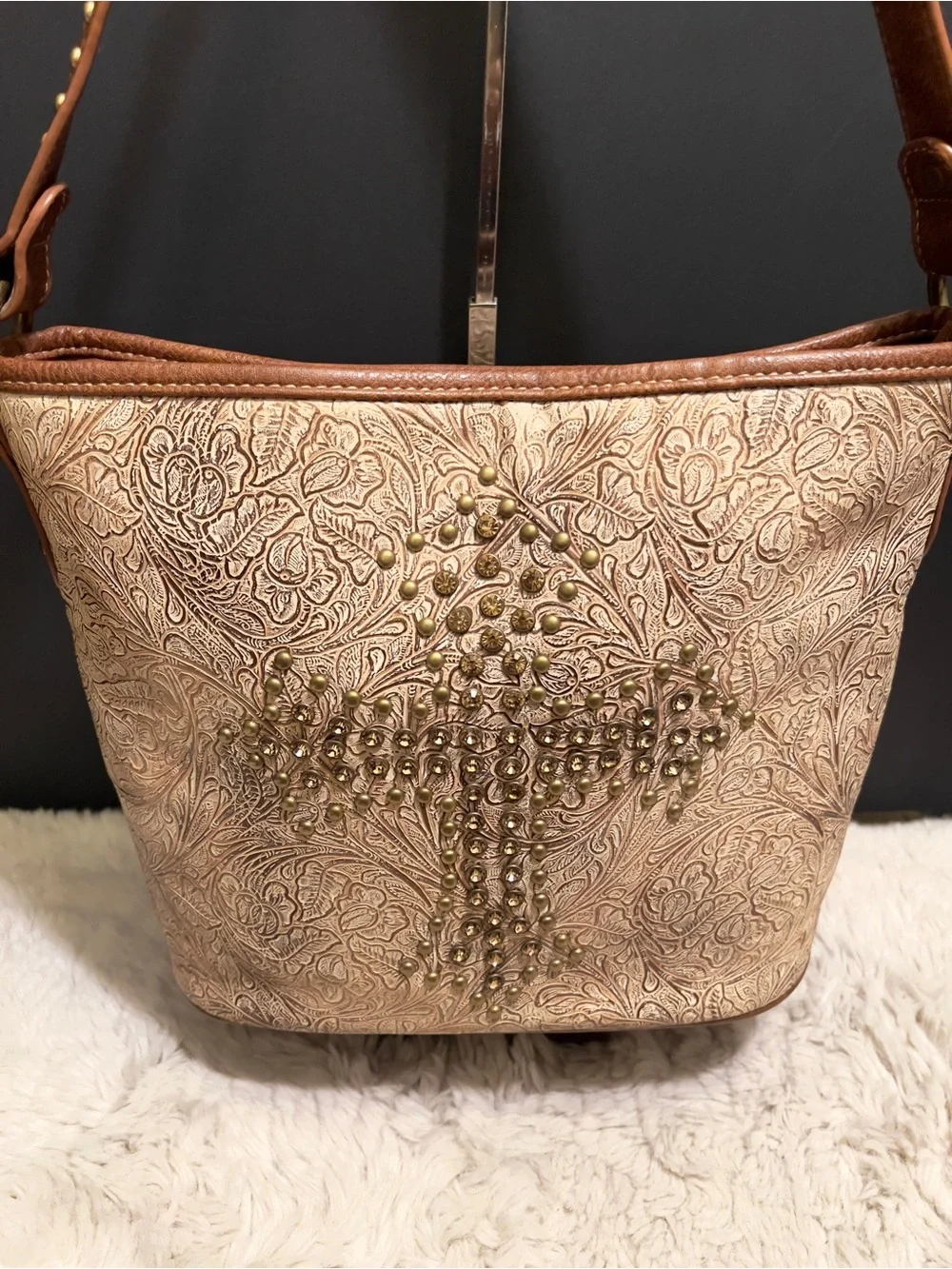 Montana West Tan and Cream Floral Embossed Western Shoulder Bag with Stud Cross